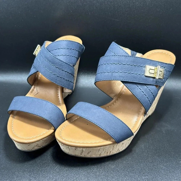 Tommy Hilfiger Wedge Women’s 10 M Blue Strap 4.5” Heel Cork Slip On - Picture 1 of 8